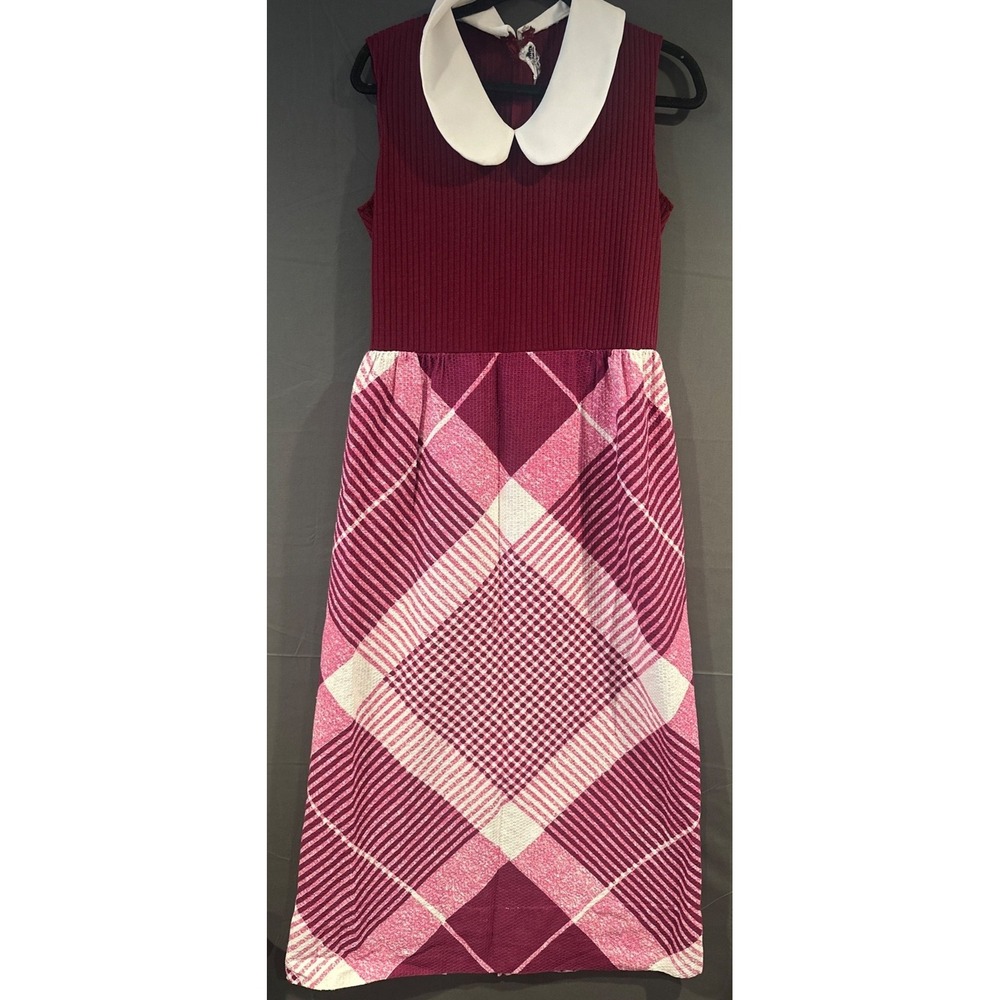 Vintage Puritan Forever Young M Burgundy Plaid Peter Pan Collar Dress academia